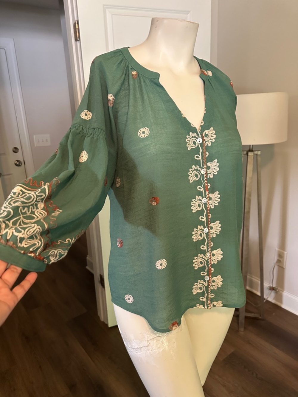 Embroidered Teal-Green Boho Tunic Top - Picture 6 of 17